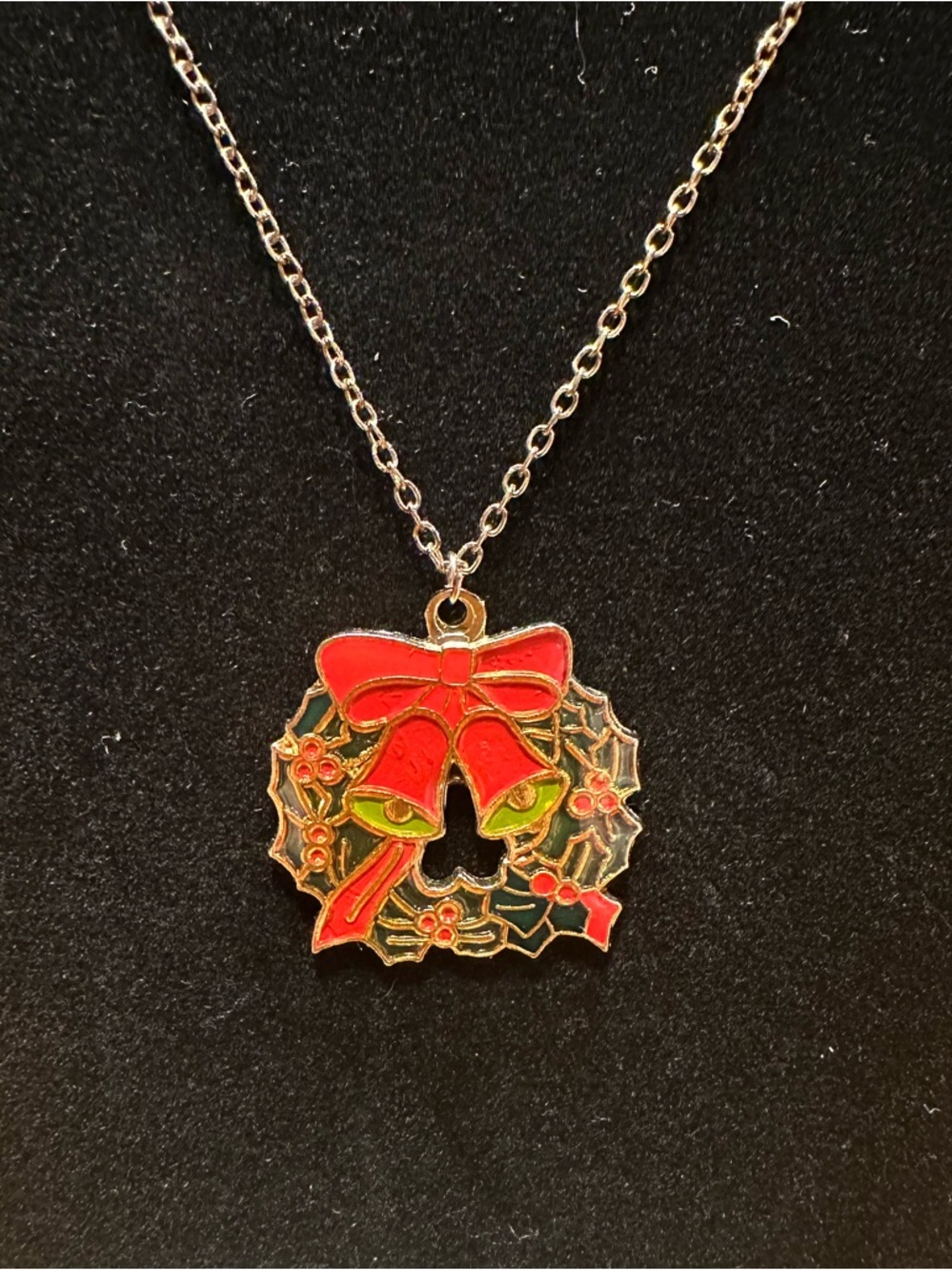 Vintage Christmas Bell Wreath Charm Necklace